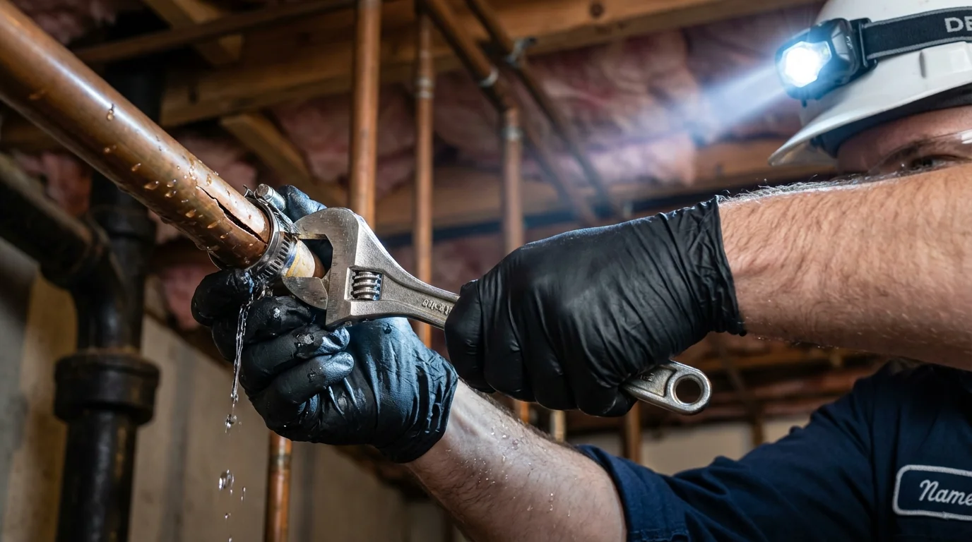 Emergency pipe clamp repair being performed by a Johns Plumbing LLC plumber in Plattsburg