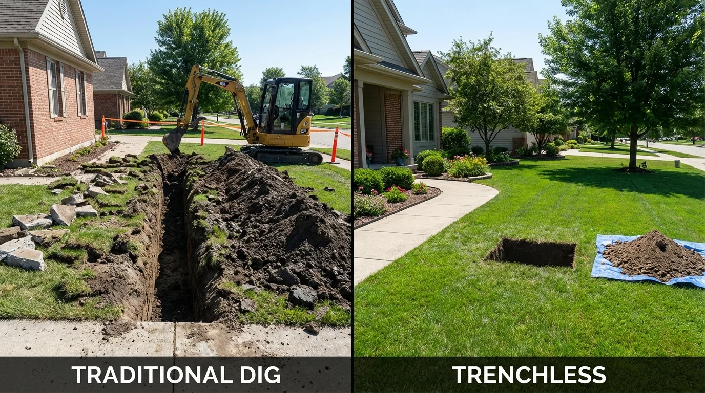 Trenchless sewer repair with minimal yard damage versus traditional excavation in Plattsburg, MO